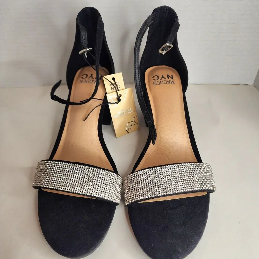 NIB MADDEN NYC WOMENS BLACK SZ 11 RHINESTONE ILLIE CITY BLOCK HEEL STRAPPYSANDAL